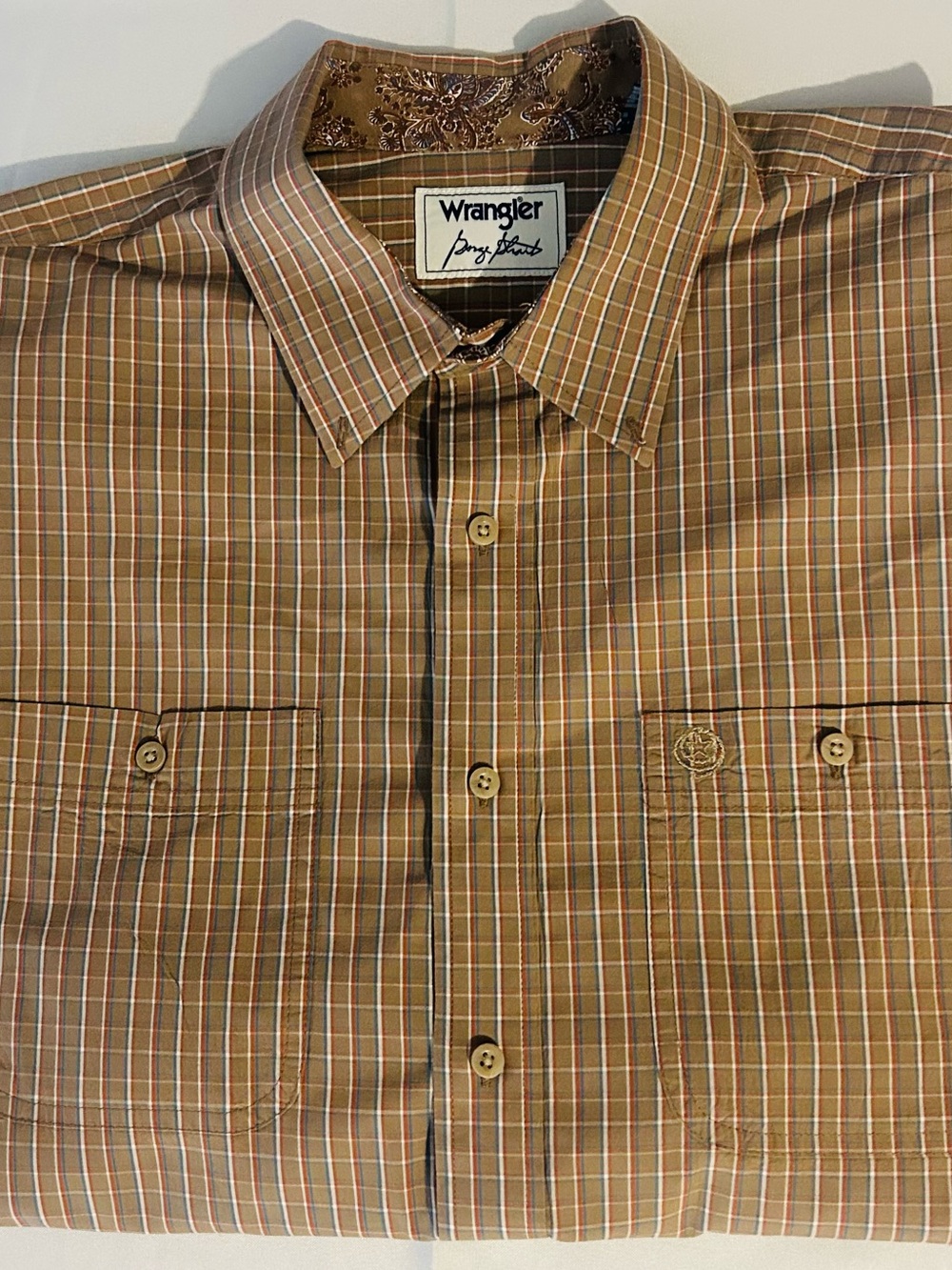 Wrangler George Strait Brown Plaid Button-Down Shirt with Subtle Stripe Accents